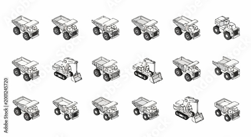 Collection of isometric construction vehicles, including dump trucks and excavators, presented in a clean, graphic style.