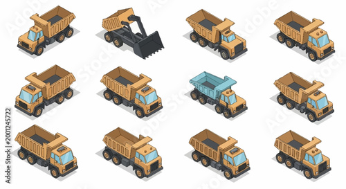 Collection of isometric construction vehicles including dump trucks and an excavator, presented in a grid layout.