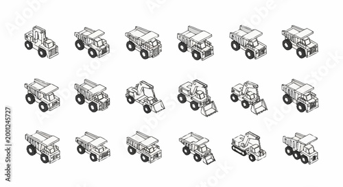Collection of isometric construction vehicles and trucks in a simple line art style, isolated on a white background.