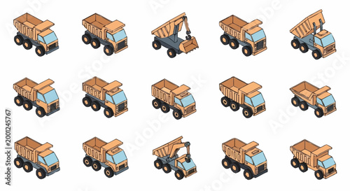 Collection of isometric construction trucks and diggers in various poses and configurations.