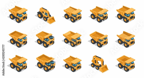 Collection of isometric construction vehicles including dump trucks and excavators, isolated on white background.