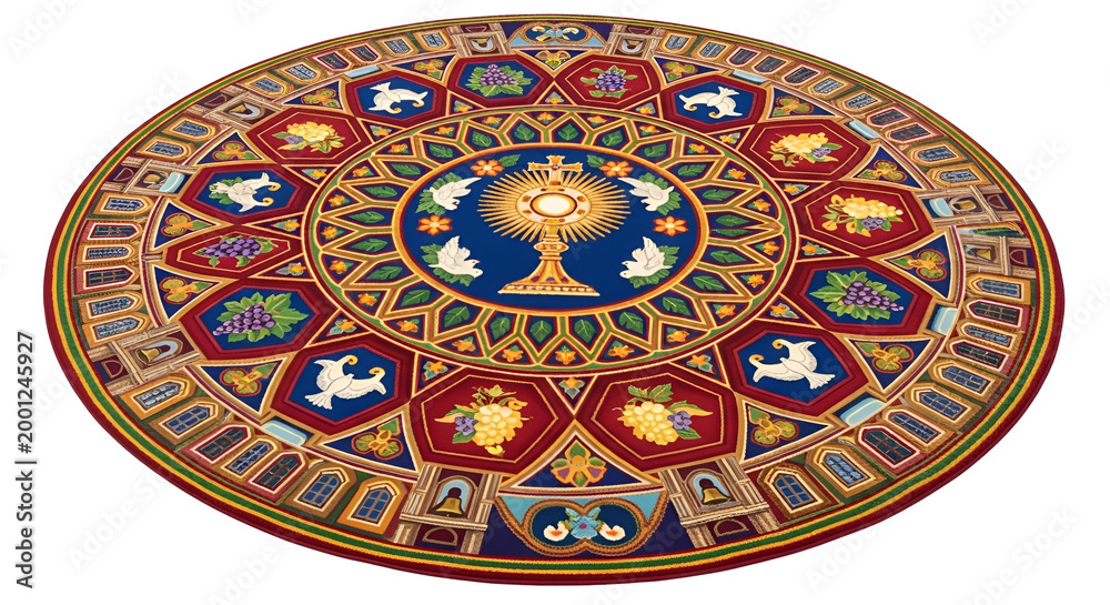 Obraz premium Religious tapestry rug with ornate Christian symbols doves grapes and floral motifs in vibrant colors