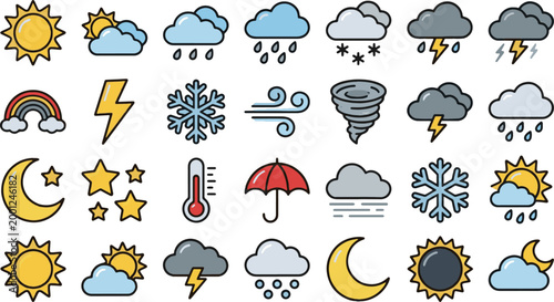 Weather icon set with 28 colorful line art vectors, meteorology symbols for forecast apps, sun and cloud climate illustrations for web design