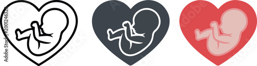 Human fetus in heart shape icon set in outline silhouette and color for pregnancy maternity prenatal care and medical health design flat vector illustration