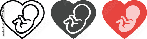 Human fetus in heart shape icon set in outline silhouette and color for pregnancy maternity prenatal care and medical health design flat vector illustration