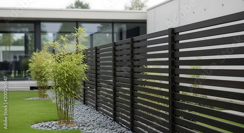 Modern black horizontal slat fence with bamboo landscaping and minimalist house exterior