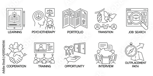 Career outplacement icons set job search transition learning psychotherapy training cooperation.Editable stroke, Vector illustration, Line art Icon, Symbols.	