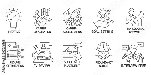 Career growth icons professional development goal setting resume optimization CV review placement.Editable stroke, Vector illustration, Line art Icon, Symbols.	