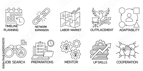 Job search preparation icons mentor up skills labor market timeline planning cooperation.Editable stroke, Vector illustration, Line art Icon, Symbols.	