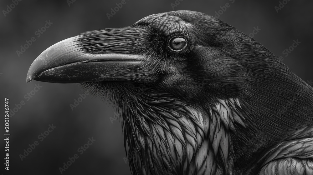 Fototapeta premium Dark Bird Portrait Featuring Raven Face and Textured Feathers
