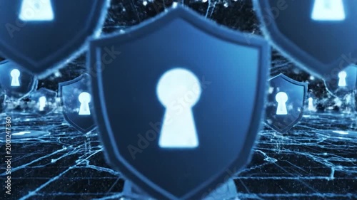 Digital Network Security Shields Protecting Data in Futuristic Cyber Space.