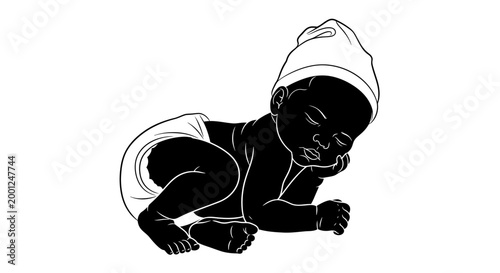 Vector silhouette illustration of a peaceful newborn baby sleeping soundly on its stomach, wearing a cute hat and a diaper, depicting tranquility and early childhood