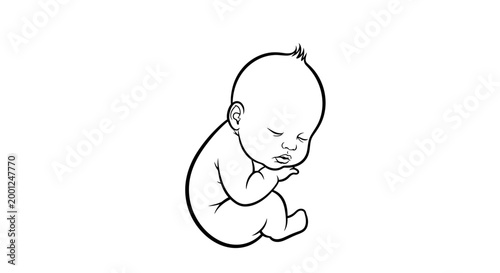 Minimalist black and white line art illustration of a peacefully sleeping newborn baby in a gentle, curled position, embodying serenity and the tender innocence of new beginnings