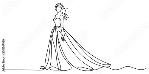 Continuous single line drawing of a beautiful woman wearing a long wedding dress standing gracefully