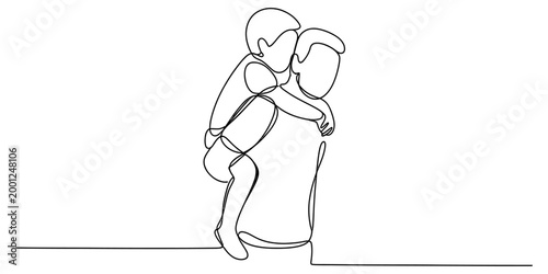 Continuous single line drawing of a father giving his young son a piggyback ride showing love and family connection between parent and child