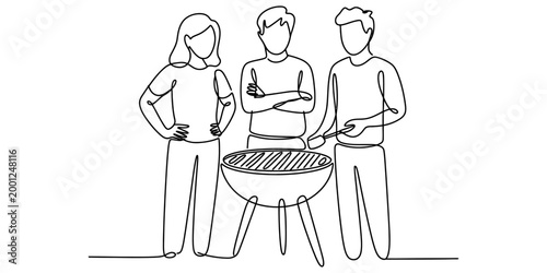 Group of friends having a fun barbecue party together drawn in a continuous single line style illustration