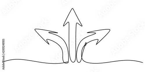Three arrows pointing in different directions as a continuous single line drawing representing choice decision making strategy and business growth concept