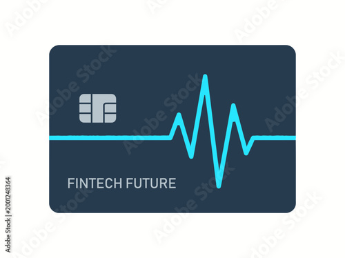 A futuristic fintech card displays a blue heartbeat line and chip on a dark background