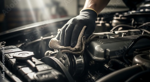 Professional auto mechanic cleaning engine parts with a microfiber cloth