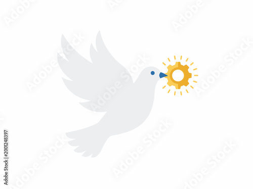 A dove flies with a sun symbol in its beak outdoors.