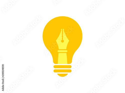 A bright yellow light bulb with a fountain pen nib inside glows