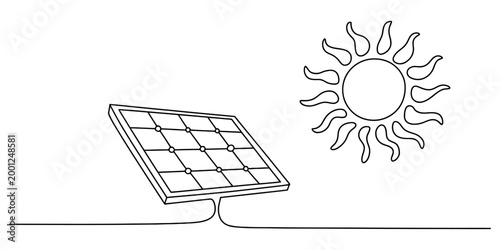 Continuous single line drawing of a solar panel and a bright sun representing renewable clean energy production for sustainable power and environment