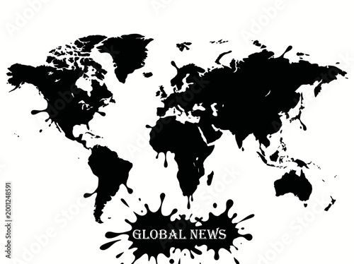 Global news map with ink splatter effect worldwide