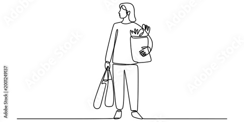Continuous single line drawing of a woman carrying grocery bags after shopping Vector, illustration