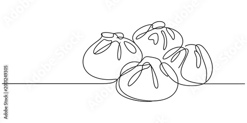Continuous single line drawing of tasty steamed dumplings or baozi buns for a simple asian food menu design or restaurant poster graphic illustration