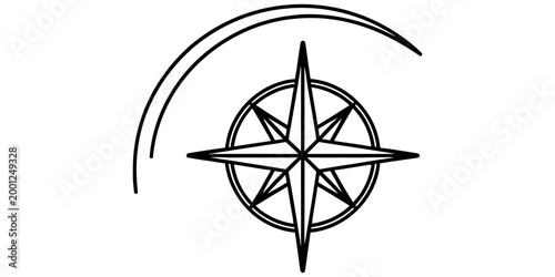Black and white nautical compass star icon with curved lines for navigation travel and adventure concept design