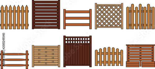 Wooden Fence Collection Vector Set Featuring Garden Picket Panels Lattice and Rustic Barriers for Landscape Design Backyard Decoration and Outdoor Construction Projects