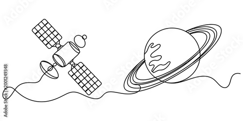 Continuous single line drawing of a satellite orbiting a planet with rings in outer space as a minimalist creative concept for technology and science
