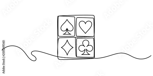 Continuous single line drawing of the four playing card suits including spades hearts diamonds and clubs as a simple minimal casino gambling icon design