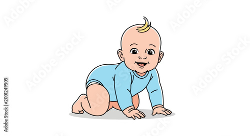 Cute baby boy crawling on all fours wearing a blue romper, smiling with a tuft of blonde hair