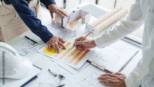Architecture drawing on architectural Creative project business architecture building construction Industrial engineering Achievement Planning Design on blueprint eco Concept