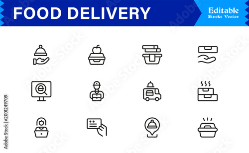 Food Delivery Essentials – Modern Line Icon Set of Professional, Editable, and Minimal Symbols for Restaurants, Couriers, Fast Food, and Takeout Services