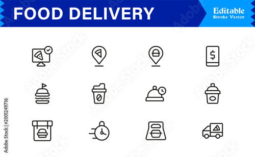 Food Delivery Essentials – Modern Line Icon Set of Professional, Editable, and Minimal Symbols for Restaurants, Couriers, Fast Food, and Takeout Services