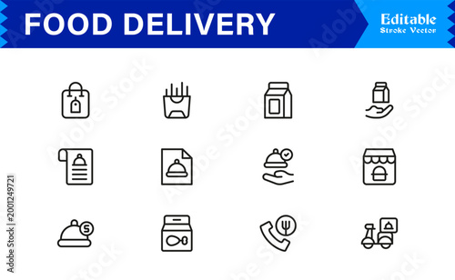 Food Delivery Essentials – Modern Line Icon Set of Professional, Editable, and Minimal Symbols for Restaurants, Couriers, Fast Food, and Takeout Services