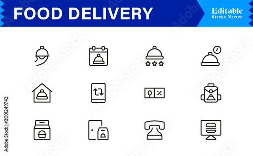 Food Delivery Essentials – Modern Line Icon Set of Professional, Editable, and Minimal Symbols for Restaurants, Couriers, Fast Food, and Takeout Services
