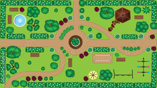 Top View City park summer isometric background with kids playground trees and fountains