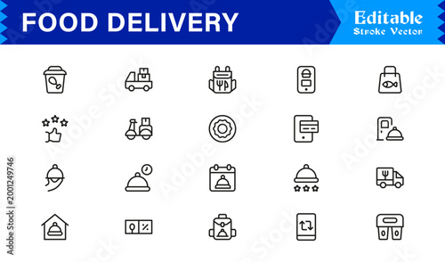 Food Delivery Essentials – Modern Line Icon Set of Professional, Editable, and Minimal Symbols for Restaurants, Couriers, Fast Food, and Takeout Services