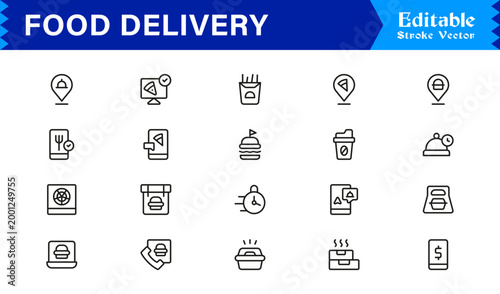 Food Delivery Essentials – Modern Line Icon Set of Professional, Editable, and Minimal Symbols for Restaurants, Couriers, Fast Food, and Takeout Services