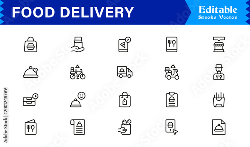Food Delivery Essentials – Modern Line Icon Set of Professional, Editable, and Minimal Symbols for Restaurants, Couriers, Fast Food, and Takeout Services