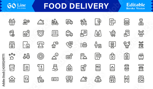 Food Delivery Essentials – Modern Line Icon Set of Professional, Editable, and Minimal Symbols for Restaurants, Couriers, Fast Food, and Takeout Services