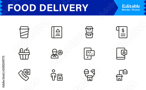 Food Delivery Essentials – Modern Line Icon Set of Professional, Editable, and Minimal Symbols for Restaurants, Couriers, Fast Food, and Takeout Services