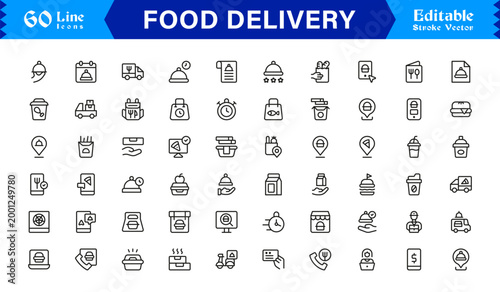 Food Delivery Essentials – Modern Line Icon Set of Professional, Editable, and Minimal Symbols for Restaurants, Couriers, Fast Food, and Takeout Services