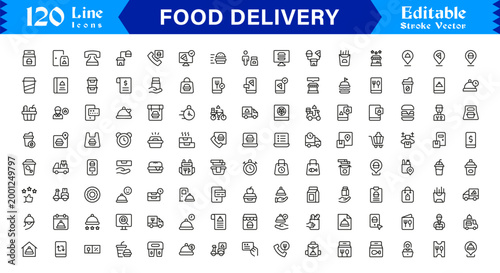 Food Delivery Essentials – Modern Line Icon Set of Professional, Editable, and Minimal Symbols for Restaurants, Couriers, Fast Food, and Takeout Services
