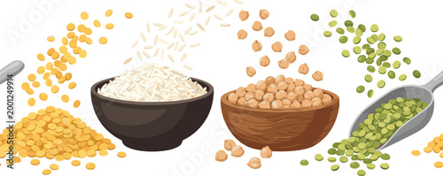 Grains and Legumes Vector Set with Rice, Lentils, Chickpeas and Green Peas with Bowls and Scoops for Organic Food and Agriculture Design