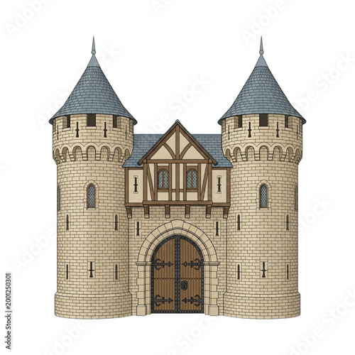 Medieval Gatehouse Illustration with Twin Towers and Timber-Framed Gallery