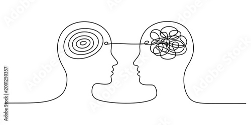 Two human heads connected by a line showing mental clarity and messy thoughts as a continuous line drawing art concept for psychology and mental health
